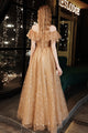 Gold Tulle Sequins Off The Shoulder Long Prom Dress MB5184