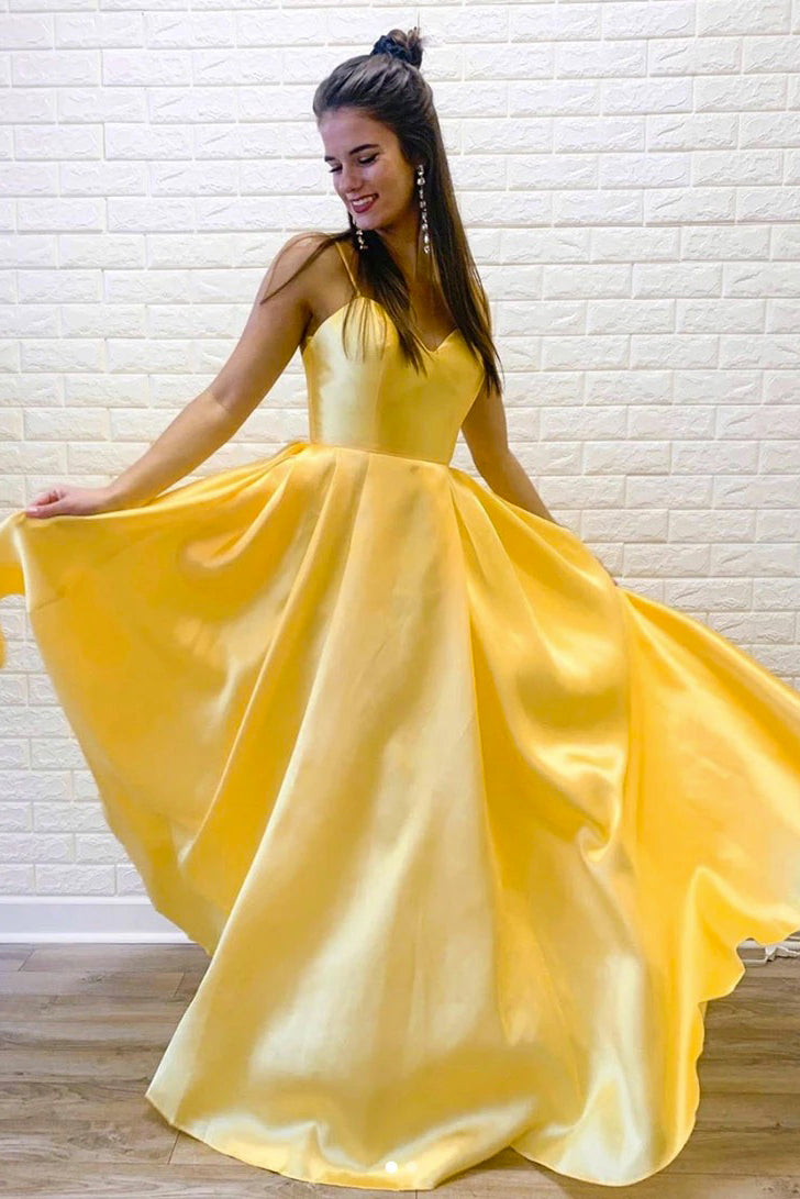 A Line Spaghetti Straps Sleeveless Long Bright Yellow Satin Prom Dress cathyprom A Line Spaghetti Straps Sleeveless Long Bright Yellow Satin Prom Dress cathyprom