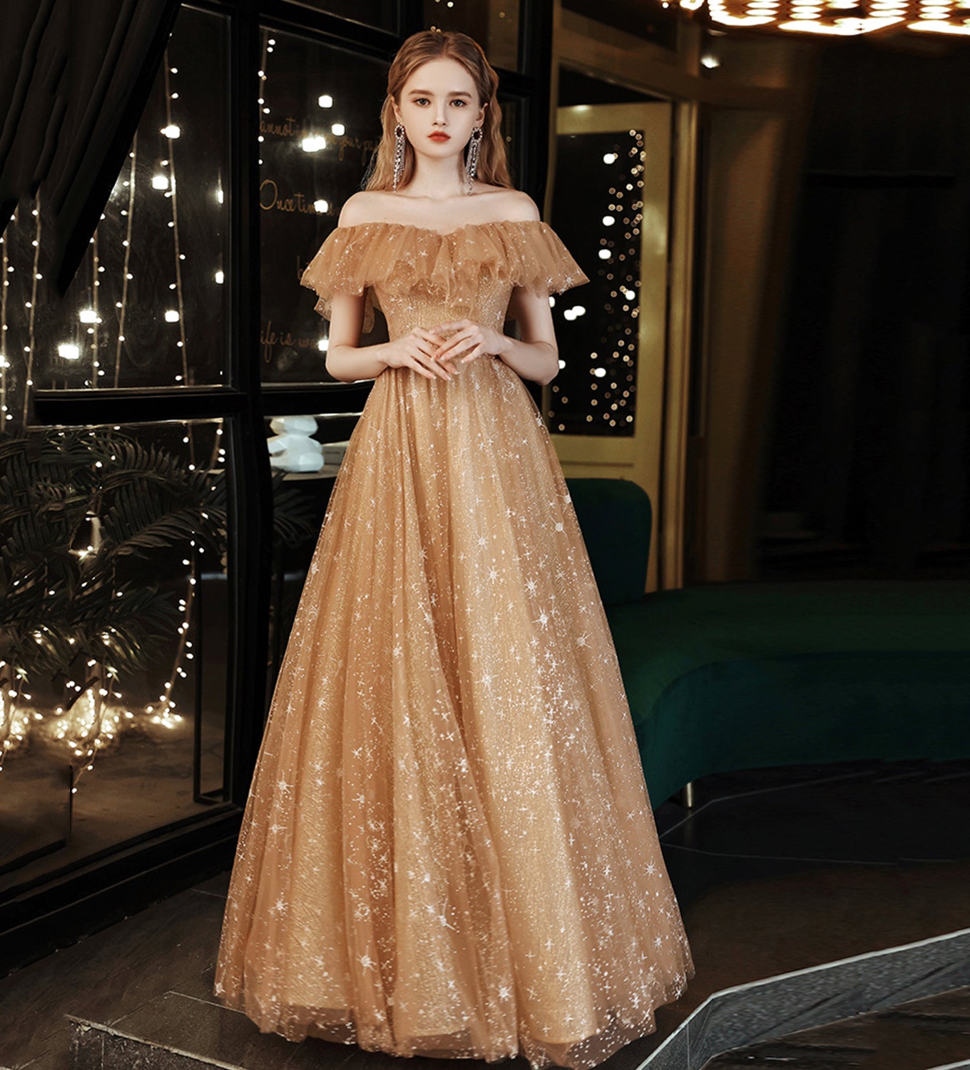 Gold Tulle Sequins Off The Shoulder Long Prom Dress MB5184 – cathyprom