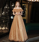 Gold Tulle Sequins Off The Shoulder Long Prom Dress MB5184