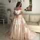 Champagne Tulle Appliques Off The Shoulder Long Prom Dress DP9173