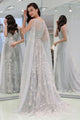 Elegant Grey Star Floral Tulle Long Sleeves A Line Senior Prom Dress Evening Dress OHC385 | Cathyprom