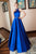 Elegant A Line High Neck Open Back Sleeveless Beaded Long Royal Blue Satin Waistline Prom Dress OHC335 | Cathyprom