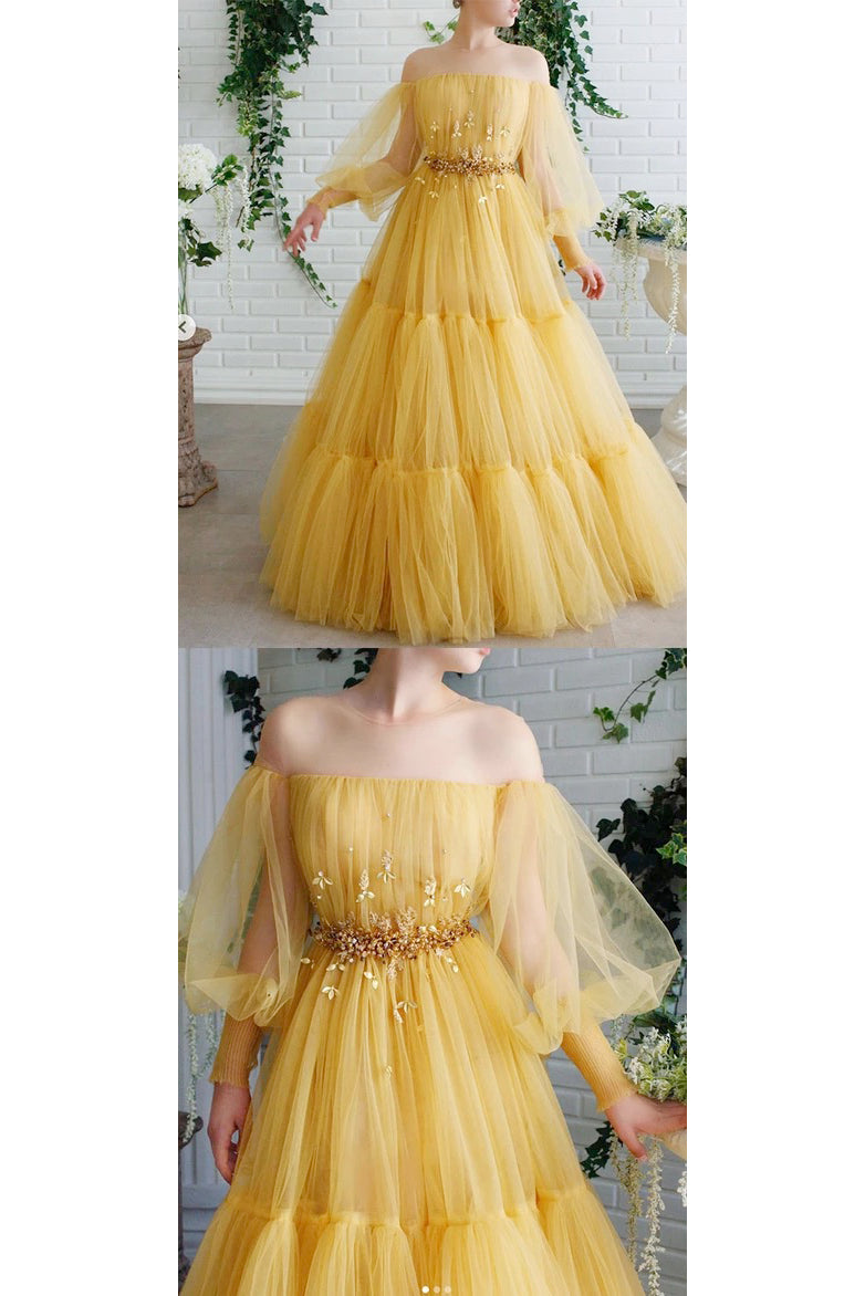 A Line Off The Shoulder Long Sleeves Lace Applique Beading Long Yellow cathyprom A Line Off The Shoulder Long Sleeves Lace Applique Beading Long Yellow cathyprom
