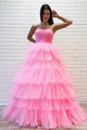  A Line Strapless Sleeveless Floor Length Layered Long Pink Tulle Prom Dresses  Formal Dress OHC327 | Cathyprom