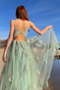 Green V-neck Tulle Lace Appliques Long Prom Evening  Dress LB2389