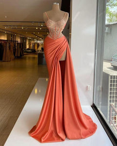 Spaghetti Straps Appliques Sleeveless Mermaid Side Split Prom Dress KS5642