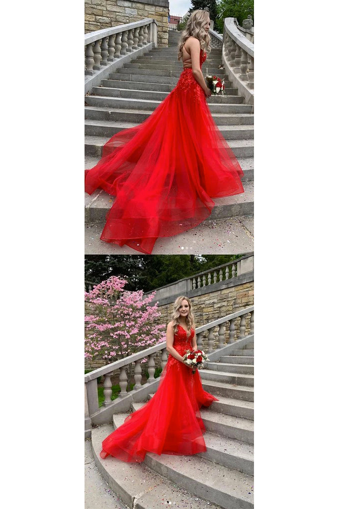 Customize A Line V Neck Sleeveless Lace Applique Long Red Tulle Prom D cathyprom Customize A Line V Neck Sleeveless Lace Applique Long Red Tulle Prom D cathyprom