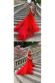 Customize A Line V Neck Sleeveless Lace Applique Long Red Tulle Prom Dress Evening Dress OHC326 | Cathyprom