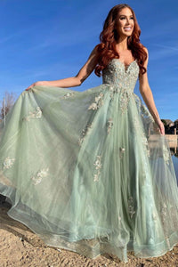 Green V-neck Tulle Lace Appliques Long Prom Evening  Dress LB2389