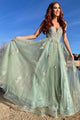 Green V-neck Tulle Lace Appliques Long Prom Evening  Dress LB2389