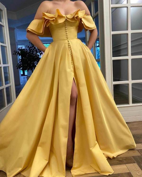 Off The Shoulder A-Line Prom Dress, Yellow Satin Evening Dress JH4687 cathyprom Off The Shoulder A-Line Prom Dress, Yellow Satin Evening Dress JH4687 cathyprom