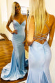 Mermaid Spaghetti Strap Sleeveless Light Blue Satin Long Satin Prom Dress Evening Dress OHC333 | Cathyprom