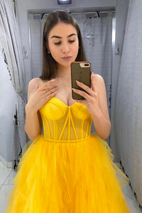 Customize Dress A Line Spaghetti Strap Sweetheart Sleeveless Long Yellow Tulle Prom Dress Formal Dress OHC330 | Cathyprom