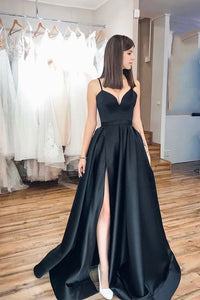 Simple A Line Spaghetti Straps Side Slit Sleeveless Long Black Satin Prom Dress OHC354 | Cathyprom