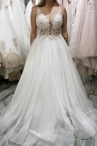 Ball Gown V Neck White Lace Wedding Dresses Bohemian Wedding Gown Custom Made Bridal Gown OHD189