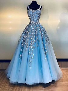 Spaghetti Straps Blue Prom Dresses Pageant Gowns with Flowers HE4527