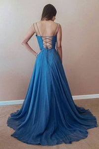 Simple Royal Blue Sleeveless Chiffon Long Lace Up Prom Dress Backless Evening Dress OHC376 | Cathyprom