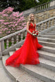 Customize A Line V Neck Sleeveless Lace Applique Long Red Tulle Prom Dress Evening Dress OHC326 | Cathyprom