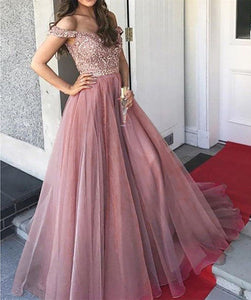 Pink Off The Shoulder Beaded Ball Gown Tulle Evening Dress JY1887