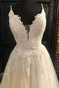 Ball Gown Lace Wedding Dresses A Line White Applique Wedding Gown Backless Bridal Gown OHD194