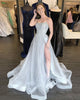 Gray Tulle Spaghetti Straps Beading Side Slit Long Prom Dress DP3516