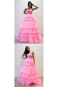  A Line Strapless Sleeveless Floor Length Layered Long Pink Tulle Prom Dresses  Formal Dress OHC327 | Cathyprom