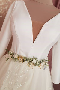 A Line Long Sleeve V Neck Satin Wedding Dresses Simple Wedding Gown Bridal Gown OHD191