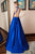 Elegant A Line High Neck Open Back Sleeveless Beaded Long Royal Blue Satin Waistline Prom Dress OHC335 | Cathyprom
