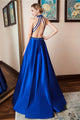 Elegant A Line High Neck Open Back Sleeveless Beaded Long Royal Blue Satin Waistline Prom Dress OHC335 | Cathyprom