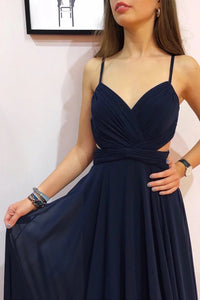Elegant A Line V Neck Spaghetti Straps Sleeveless Long Black Chiffon Prom Dress Party Dress OHC356 | Cathyprom