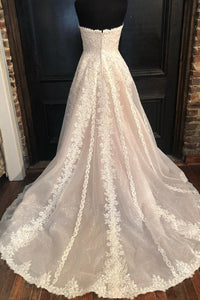 A Line Sweetheart Lace Wedding Dresses Tulle Sweep Train Wedding Gown Applique Bridal Gown OHD195