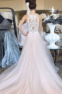 Charming A Line Halter Side Slit Sleeveless Long Pink Tulle White Lace Prom Dress OHC349 | Cathyprom
