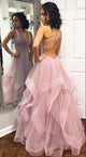 Pink Ruffled Tulle Long Prom Dress with Cross Back SX7412