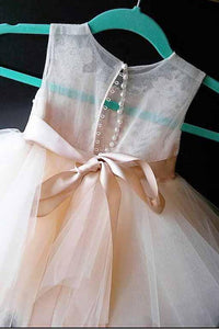 A-Line Tulle Beads Appliques Scoop Button Cap Sleeve Flower Girl Dresses OHR022 | Cathyprom
