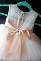 A-Line Tulle Beads Appliques Scoop Button Cap Sleeve Flower Girl Dresses OHR022 | Cathyprom