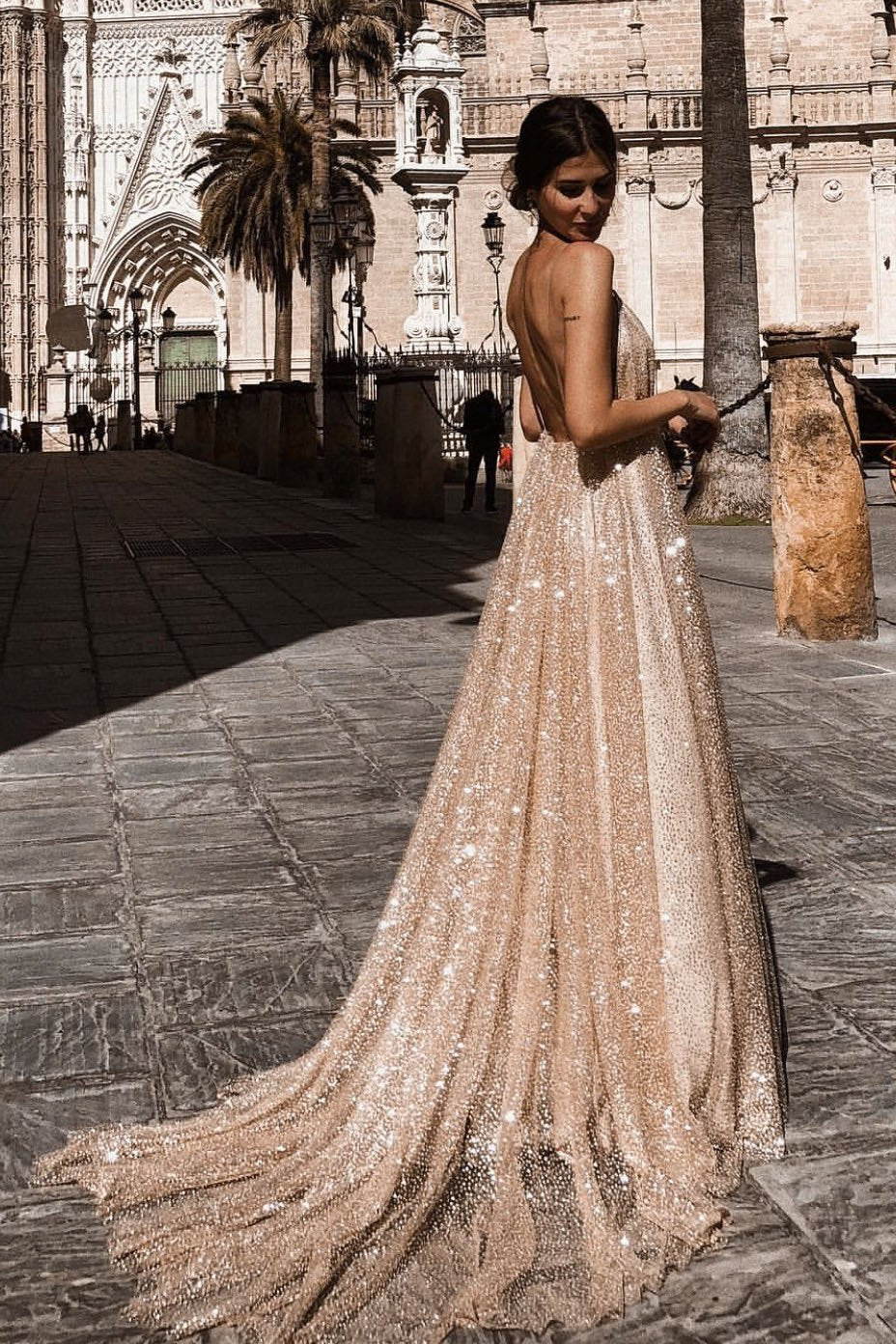 Sexy A line Deep V Neck Spaghetti Straps Backless Prom Dresses, Sequin – cathyprom