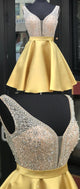 A Line Satin Beaded Red Homecoming Dresses Sexy V-neck Short Prom Dress Open Back DKL1221|CathyProm