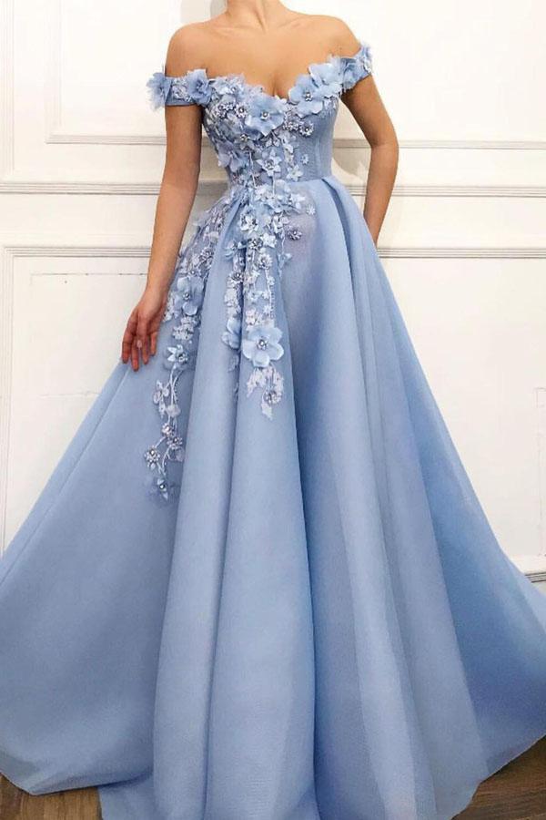 A Line Blue Off the Shoulder Tulle Lace Sweetheart 3D Flowers Prom Dre – cathyprom A Line Blue Off the Shoulder Tulle Lace Sweetheart 3D Flowers Prom Dre – cathyprom