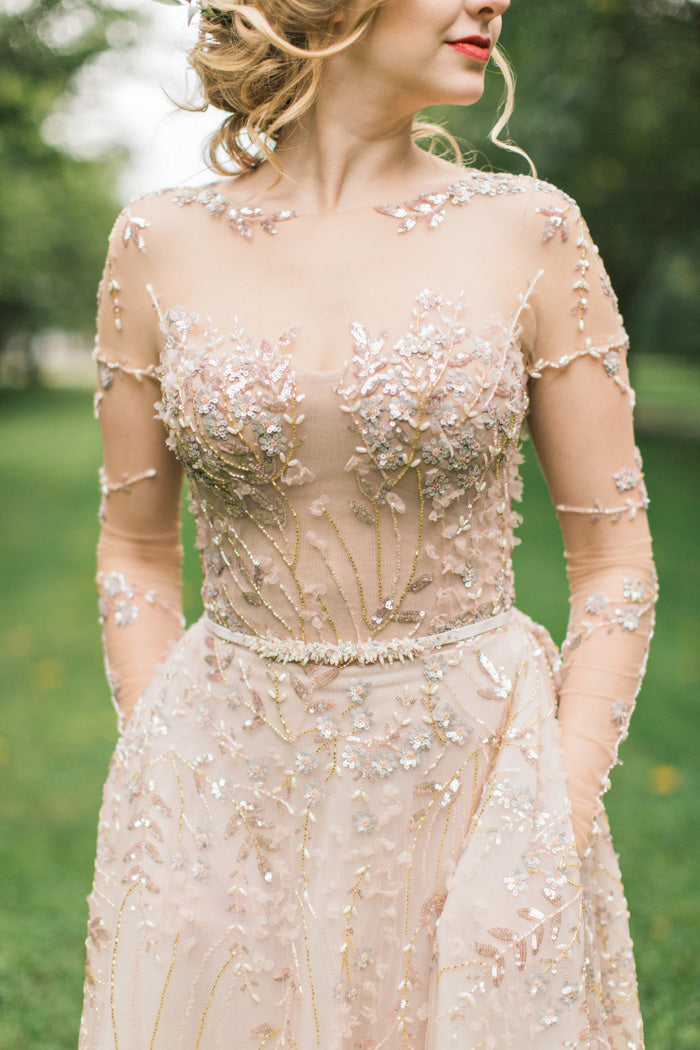 Amazing Embroidery Champagne Sparkly Wedding Dress with Sleeves A Line cathyprom Amazing Embroidery Champagne Sparkly Wedding Dress with Sleeves A Line cathyprom
