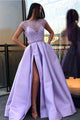 Chic Satin Short Sleeve Scoop Split Beads Purple Slit Open Back Long Prom Dresses CAW61