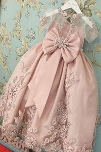 A Line Scoop Neck Short Sleeves Bowknot Lace Appliques Flower Girl Dresses OHR026 | Cathyprom