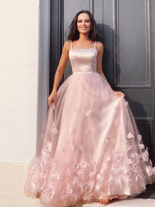 A-Line/Princess Tulle Flower Straps Floor-Length Sleeveless Dresses KF4196