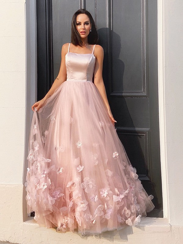 A-Line/Princess Tulle Flower Straps Floor-Length Sleeveless Dresses KF cathyprom A-Line/Princess Tulle Flower Straps Floor-Length Sleeveless Dresses KF cathyprom