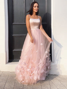 A-Line/Princess Tulle Flower Straps Floor-Length Sleeveless Dresses KF4196