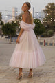 Pink Tulle Off-the-Shoulder Tea Length Midi Dress GP6439