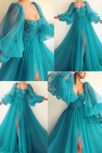 Puff Sleeve Prom Dresses Side Slit A Line Evening Gowns XM1534