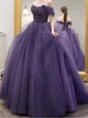 Dusty Purple Beaded Tulle Off The Shoulder Ball Gown Dresses NX1756