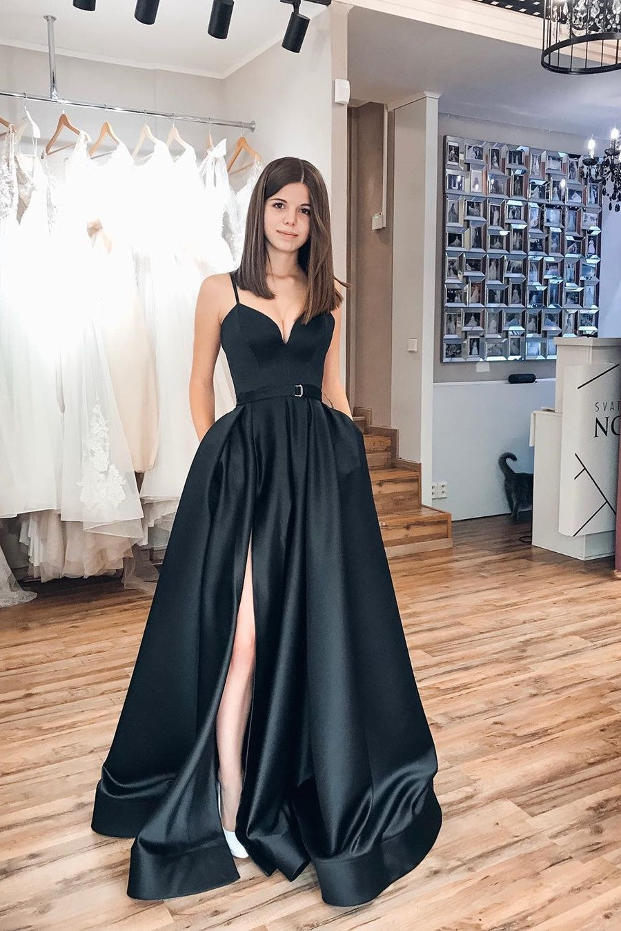 Elegant A Line V Neck Sleeveless Satin Prom Dresses Evening Dresses OV cathyprom Elegant A Line V Neck Sleeveless Satin Prom Dresses Evening Dresses OV cathyprom