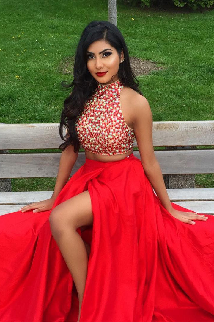 Two Pieces Jewel Sweep Train Sleeveless Beaded Split Long Satin Prom D cathyprom Two Pieces Jewel Sweep Train Sleeveless Beaded Split Long Satin Prom D cathyprom